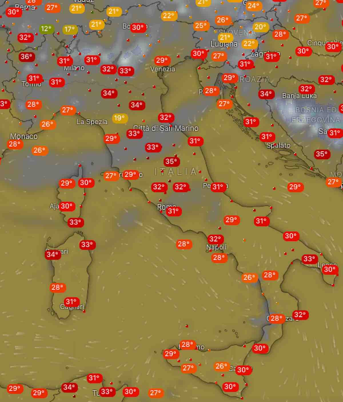 mappe nuvolosità e temperature - Previsioni Meteo domani lunedì 22 e dopodomani martedì 23 luglio in Italia - meteoweek.com