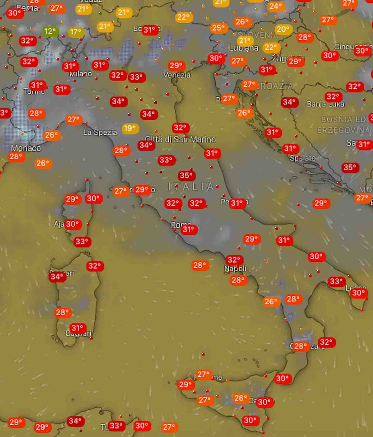 mappe temperatura e nuvolosità - Previsioni di dopodomani martedì 23 luglio in Italia- nuvolosità, temperature, venti e mari - meteoweek.com