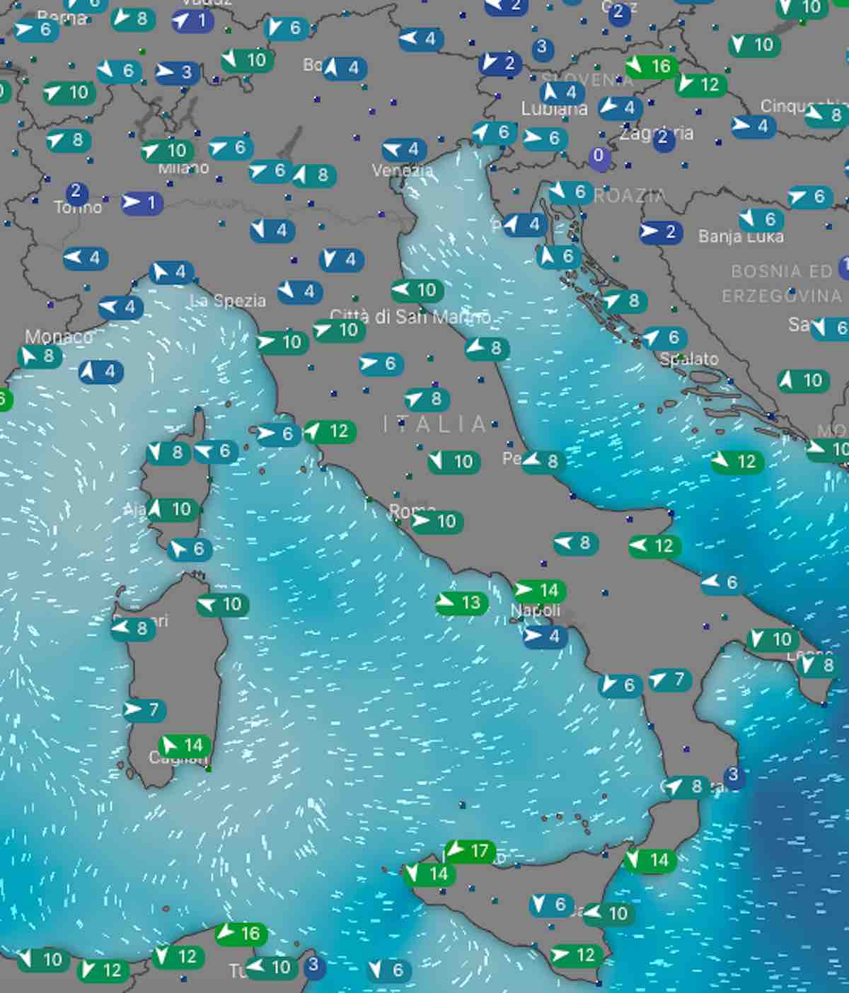 mappe venti e mari - Previsioni di dopodomani martedì 23 luglio in Italia- nuvolosità, temperature, venti e mari - meteoweek.com