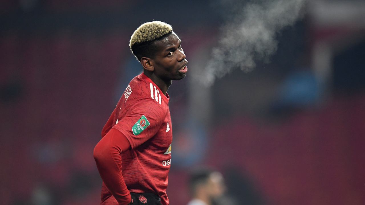 Manchester United, il centrocampista Paul Pogba durante la partita di FA Cup con il Manchester City, 6 gennaio 2021 (foto di Peter Powell/POOL/AFP via Getty Images)