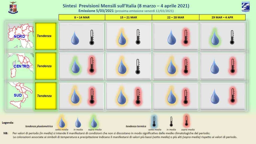 Le previsioni meteo dall’8 marzo al 4 aprile 2021