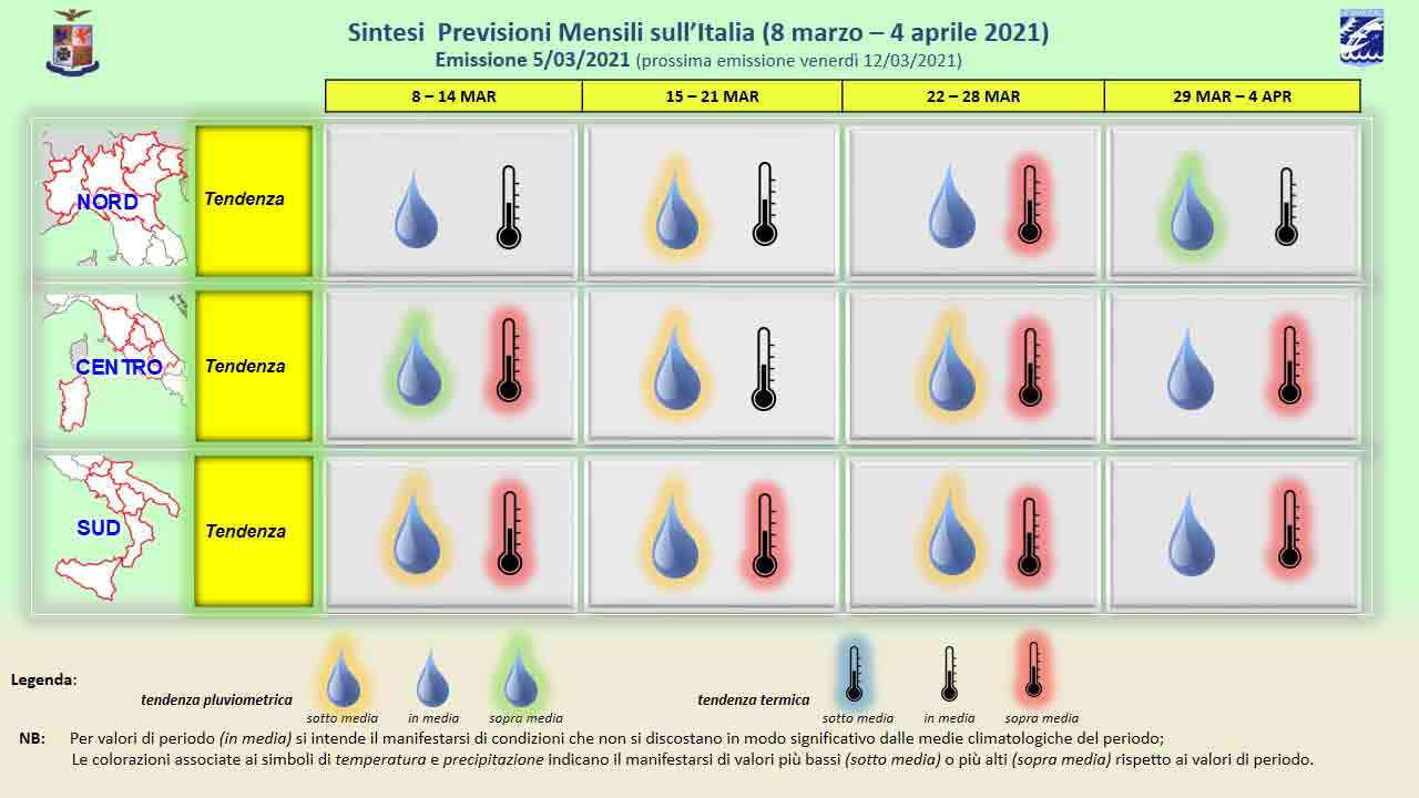 Le previsioni meteo dall'8 marzo al 4 aprile 2021