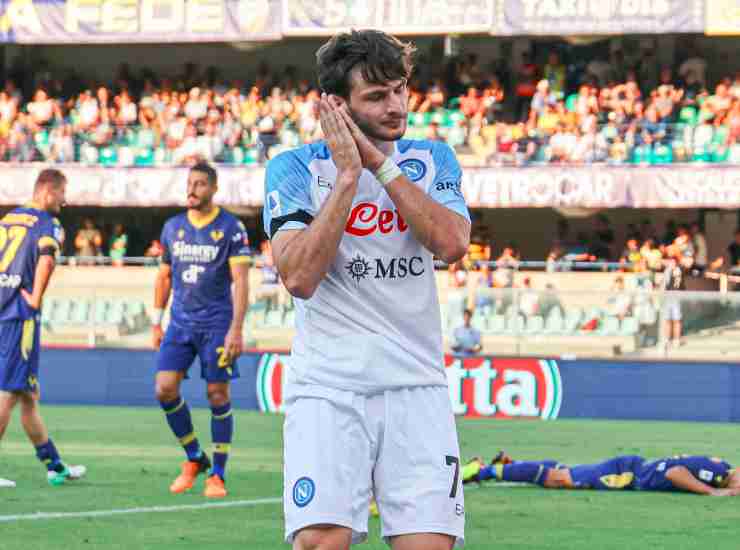 Kvaratskhelia esulta per il suo primo gol con la maglia del Napoli - credits: Ansa Foto. Meteoweek