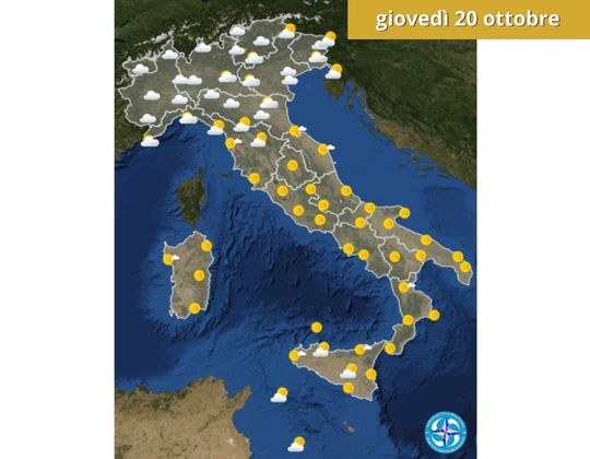 Meteo OGGI giovedì 20 ottobre Bel tempo al Centro-Sud, nuvole e piogge al Nord