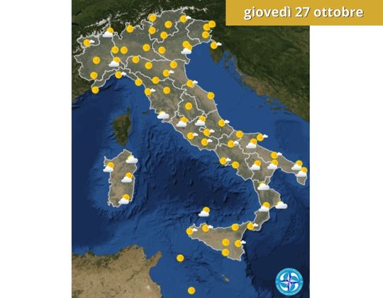 Meteo OGGI giovedì 27 ottobre | Tempo stabile e soleggiato, nebbie al Nord